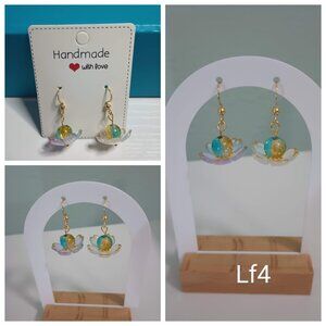 Lotus Flower Earrings Blue Purple Gold Petals with Crackle Glass Beads